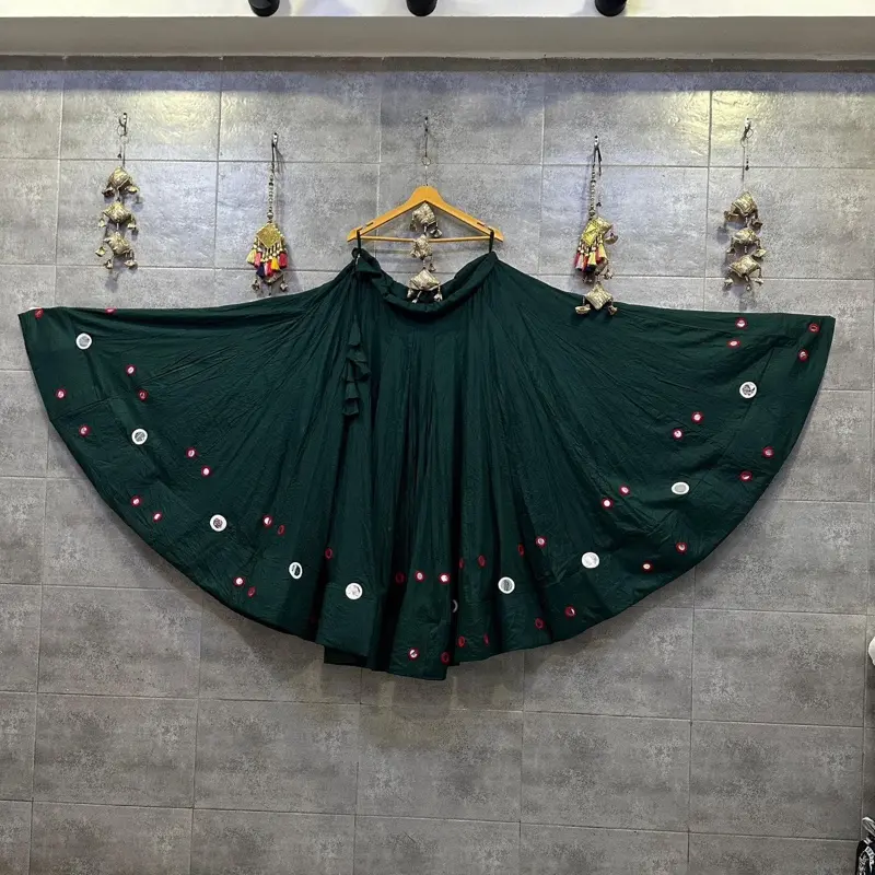 Women's Cotton Rayon Chaniya Choli Skirt Only - Dark Green with Red & White Button Embellishments