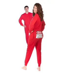 Red Union Suit Onesie with Funny Butt Flap | DANGER - BLASTING AREA -KEEP CLEAR | Men & Women