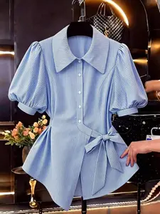Blue Striped Belted Tie Shirt for Women, Summer Bubble Sleeve Collar Elegant Office Slim Fit Short Sleeve Top