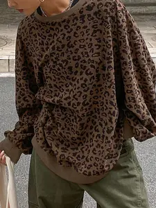 Women's Leopard Print Long Sleeve Round Neck T-Shirt Top, Loose Fit Casual Wear, Sexy Style for Spring & Fall Seasons