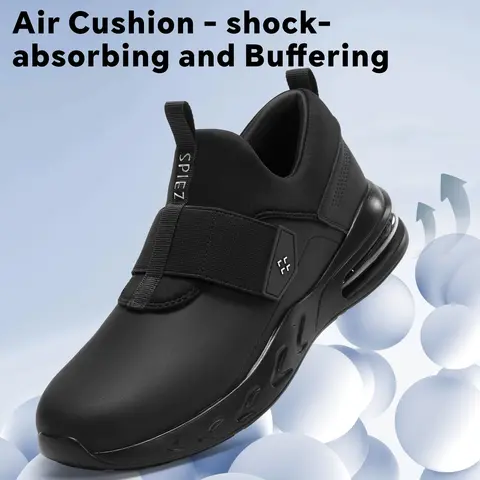 Men's Work & Safety Shoes - Polyester Velcro Slip-On, Microfiber Leather Accents, Cushioned Anti-Slip Air Cushion, Waterproof, Oil-Safe Kitchen-Ready Grip, Quick-Dirt-Wipe, All Seasons for Healthcare Clinics