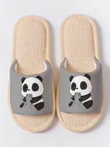 Cute Panda Print Playful 1 Pair Non-Slip Linen Slippers, Breathable Lightweight All Season House Shoes for Panda Lovers Women Men Family Guest Daily Wear