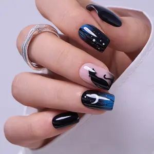Midnight Cat Night Sky Press-On Nails – Elegant Black False Nails Featuring Moon, Stars, Silhouette Cat and Tree Design, Easy to Apply and Remove, Durable Reusable Nails for Halloween, Parties and Everyday Stylish Looks trendy woman girl nail art