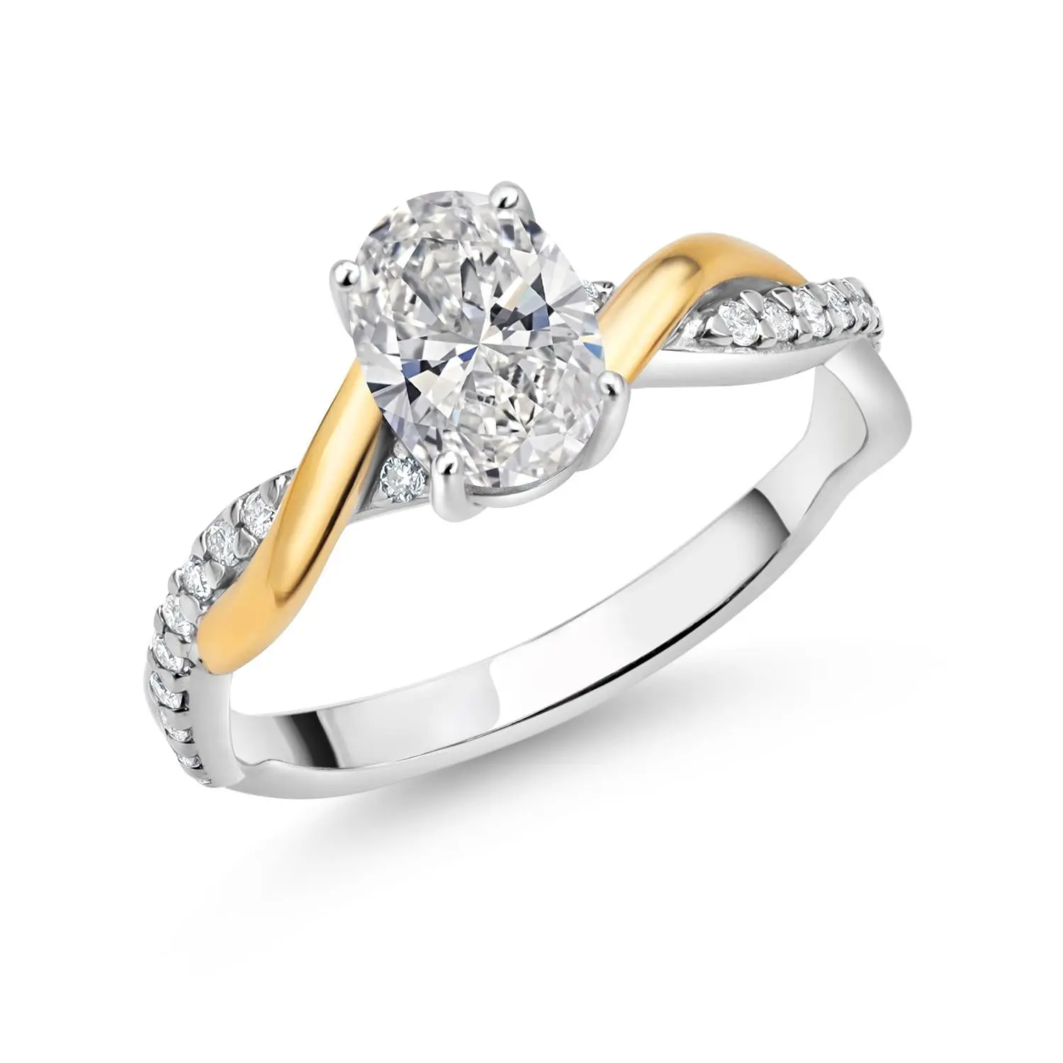 2 Tone 10K Yellow Gold and 925 Sterling Silver IGI Certified Lab Grown Diamond Twisted Interwoven Ring For Women | 1.28 Cttw | Center Oval Cut Diamond 1 Ct | D-E Color | VS1-VS2 Clarity