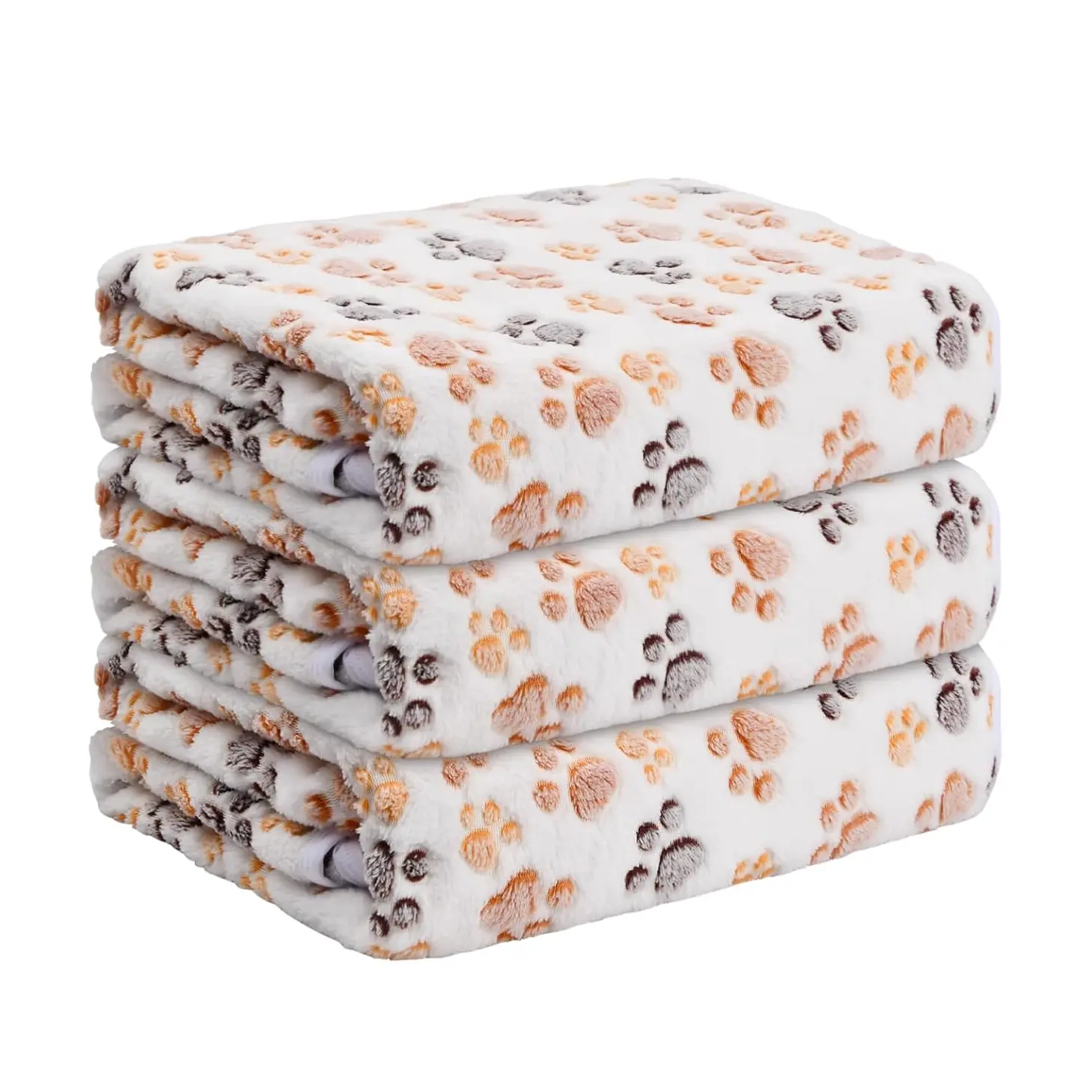 Beige Paw Print Pet Blanket 3-Pack, Soft Plush Dog Blanket for Small Medium Large Dogs and Cats, Cozy Washable Throw Blanket for Pet Bed, Couch, Crate and Travel 30 x 20 inches