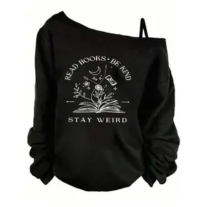 The casual off-the-shoulder sweatshirt with letter and book-shaped floral prints is suitable for women. It has a sexy and casual style. The light and comfortable fabric creates a fashionable shape. The fashionable and casual design is both comfortable and