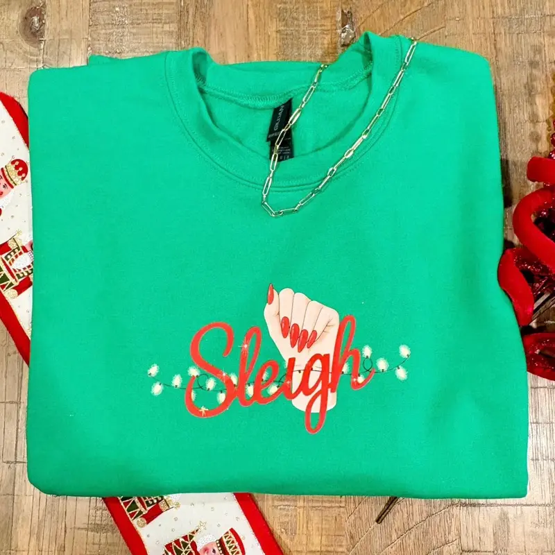 Sleigh Sweatshirt - Green Christmas Design with Glittering Lights and Festive Sleigh Print