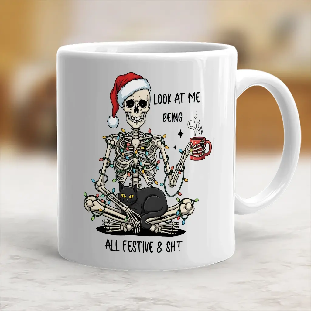 Funny Skeleton Christmas Mug, Festive Holiday Coffee Cup, Gothic Santa Skeleton with Cat, Spooky Xmas Gift Idea, Dark Humor Holiday Mug - skl10146