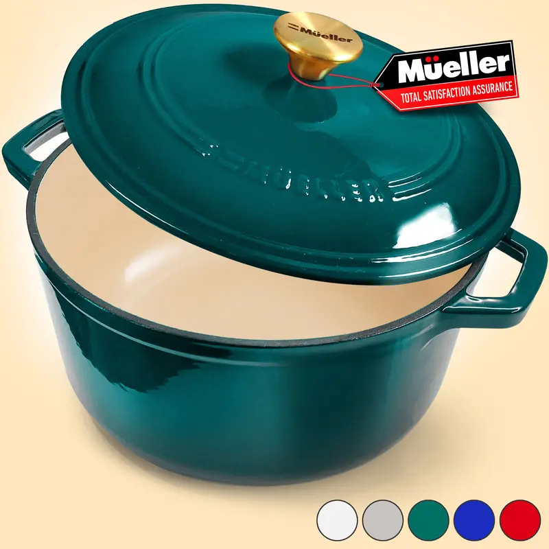 Mueller DuraCast Enameled Cast Iron Dutch Oven Pot with Lid, 4.5, 6 or 7.5 QT, Sourdough Dutch Oven, Casserole Pot, Braiser Pan, All Cooktops, Oven Safe to 500F, Cookware Kitchen, Wide Handles Even Heat Distribution, Steel Stainless Knob