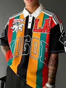 Unisex Street Style American Short Polo Shirt, Striped Polo Shirt, Summer Wear, Ideal for World Cup Football Support, Trendy Casual, Streetwear