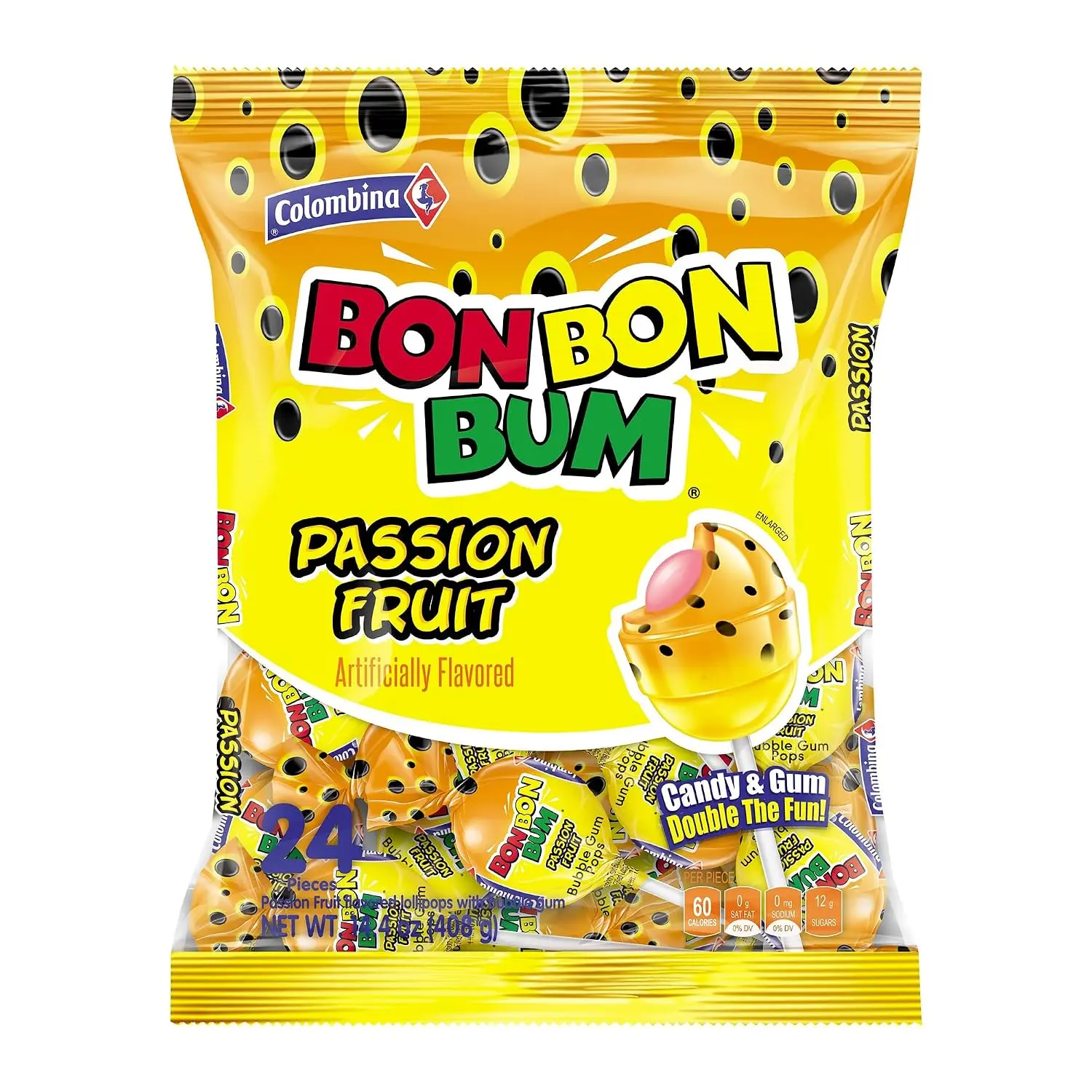 Bon Bon Bum Passion Fruit Lollipops - Tropical Fruit Hard Candy Snack, Individually Wrapped, 24-Count for Parties, Office or Classroom Rewards, Candy Bowl Refill