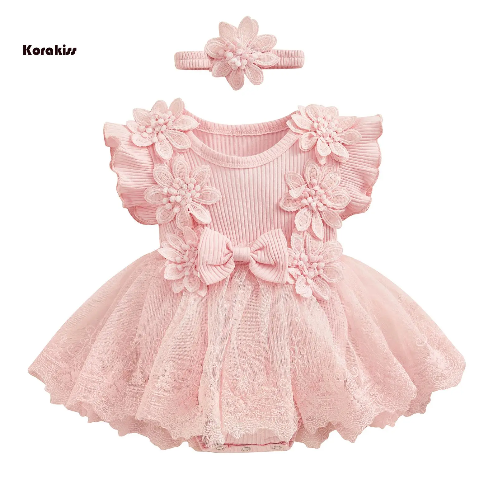 Baby Girl 2 Piece Outfits Mesh Lace Patchwork Ruffle Romper Dress and Headband Cute Fashion Summer Clothes