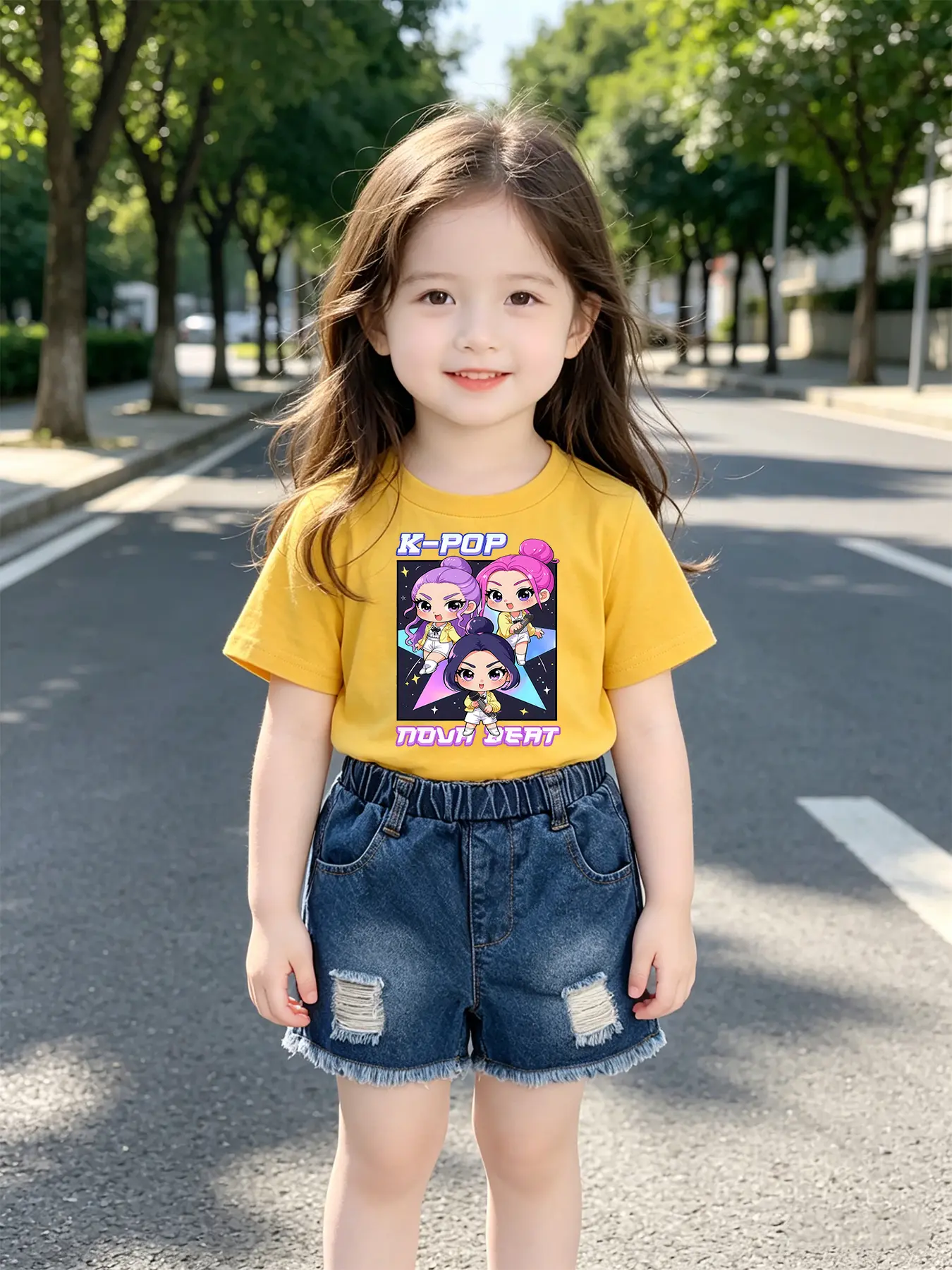Girls' Cartoon Print Tee and Denim Shorts Set, Slim-Fit Casual Streetwear, Y2K Style, Summer, Ages 8 and Under
