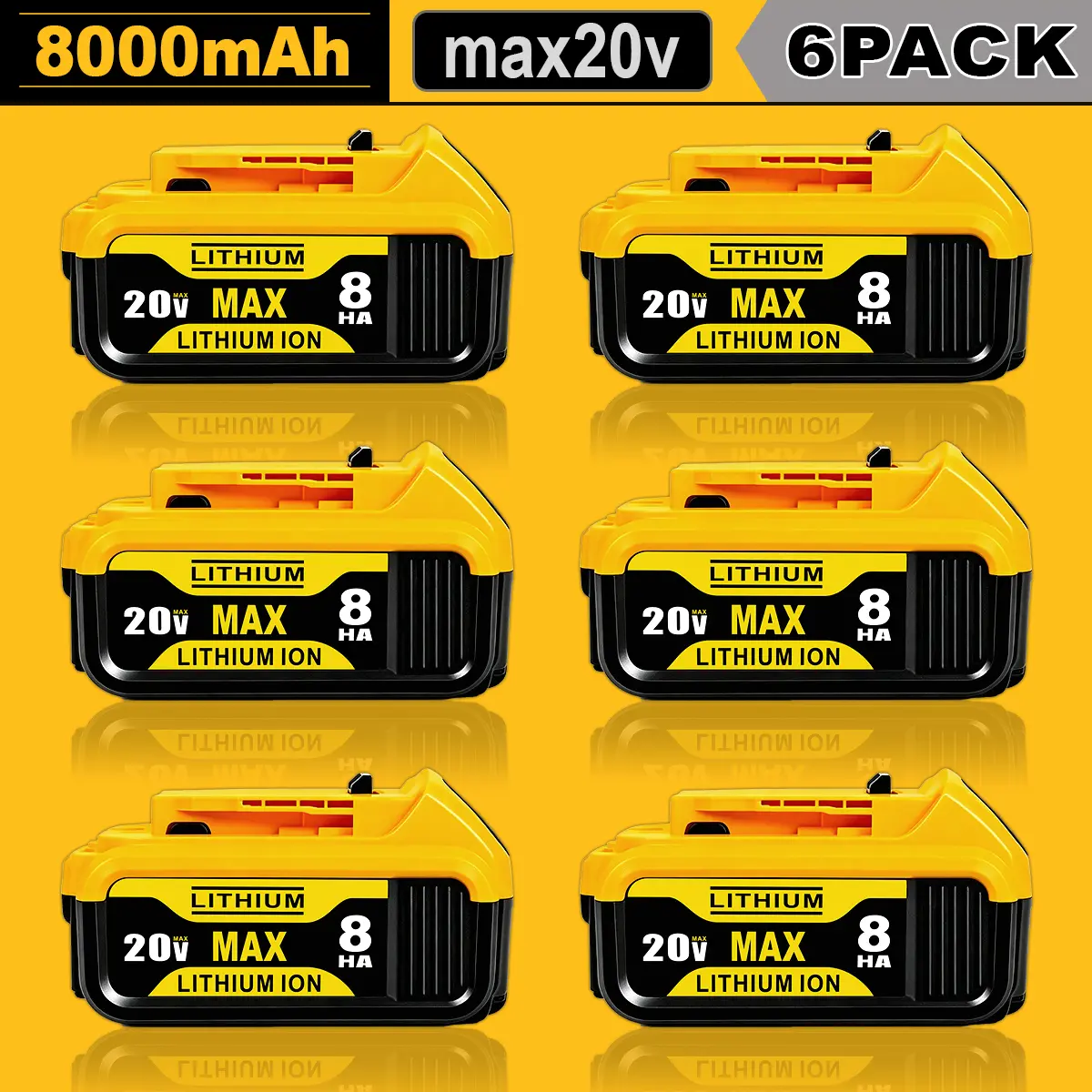 6-Pack 8.0Ah Lithium Battery Replacement for Dewalt 20V Battery Lithium-ion XR MAX DCB208/DCB200/DCD/DCF/DCG/DCS Series dewalt batteries power tool 20-voltcordless