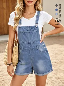 Women's Summer Straight Leg Denim  Bib Shorts, Adjustable Straps, Multiple Pockets, Casual Street Style, Beach Party, Overalls