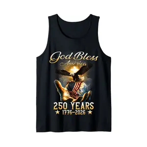 Made in USA, (Men fit Women loose) God Bless America 250 Years 1776 2026 Christian 4th of July Tank top, , Funny Fourth Of July Tee, Independence Day Graphic Unisex Tank Top Classic Cotton Fabric