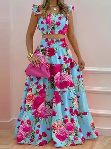 Women's Summer Korean Style Loose Fit Two-Piece Set, High-Waisted Slimming Maxi Dress, Blue Base Floral Color Block Design