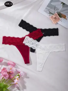 Women Comfortable Lace Heart Patchwork Thong Panties Set, Lingerie, Medium Size Fitted Elastic Fabric Underwear, Ladies Thongs, 3pcs