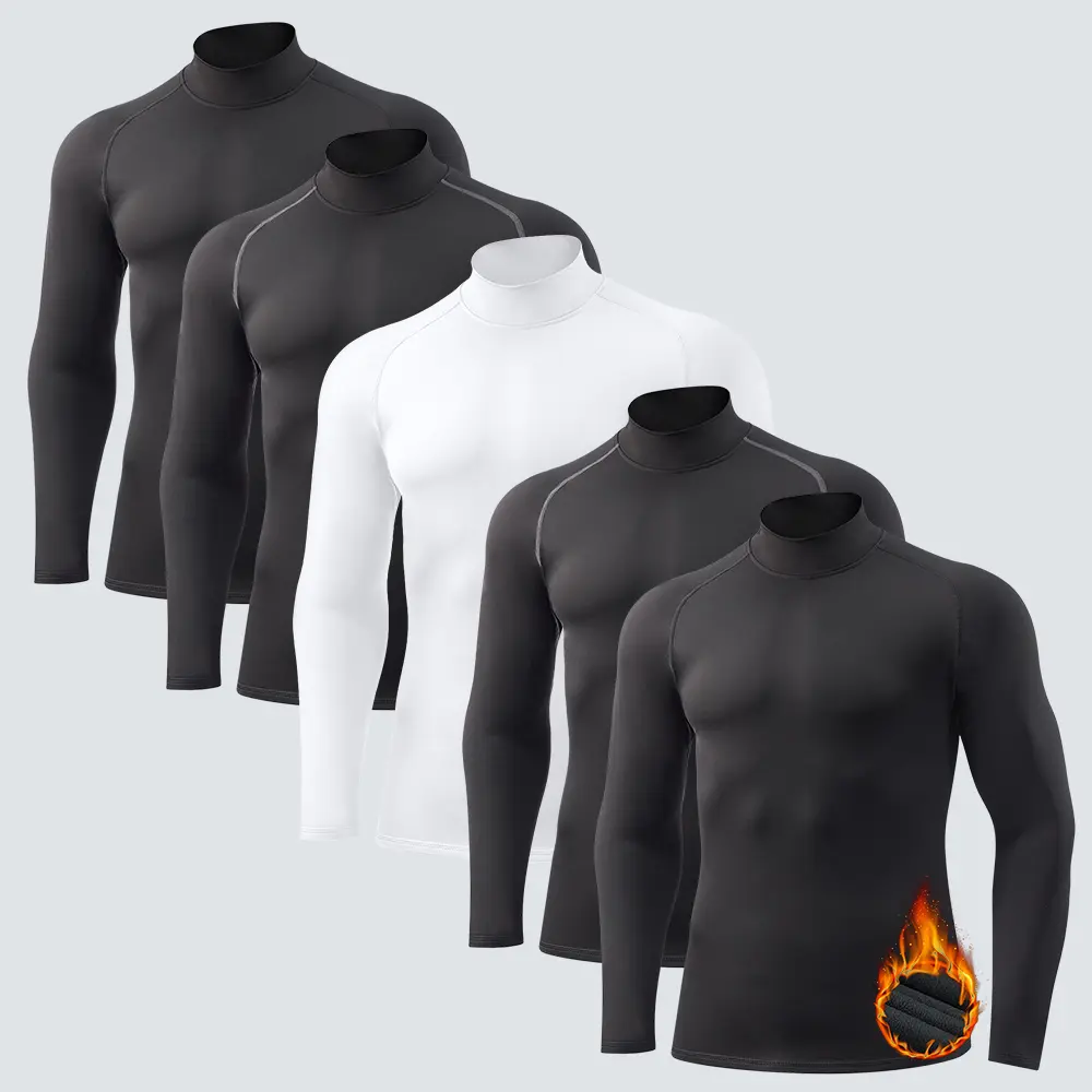 Veldtholos 5 pcs Men's Thermal Mock Neck Compression Undershirts, Long Sleeve Fleece-Lined Base Layer Tops, Outdoor Thermal Menswear Underwear Sets for Camping, Winter Sports, Matching