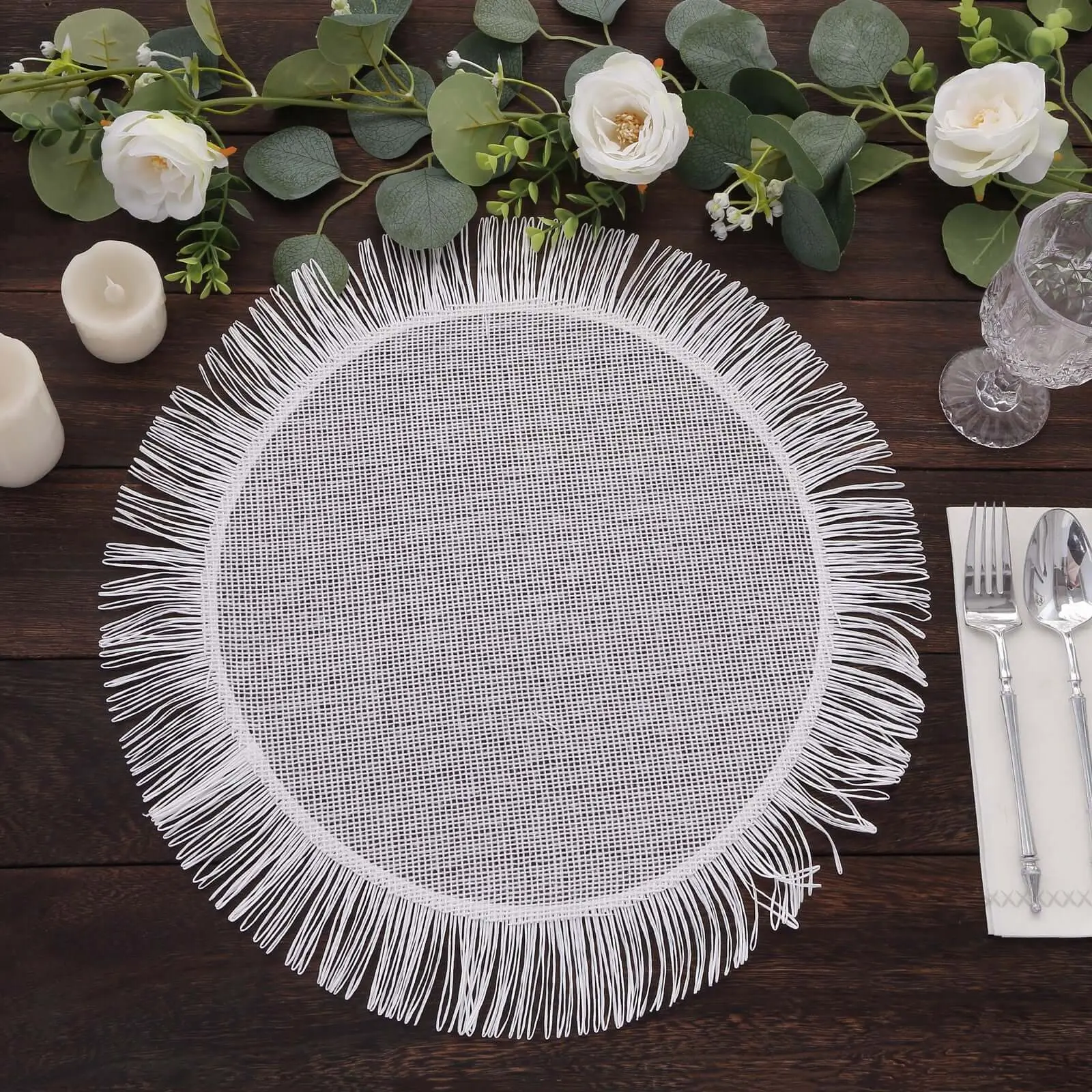 4-Pack Jute Round Dining Table Mats - 16" Fringe Edge White Tableware, Rustic Boho Chic Kitchen Decorative Placemat, Dining Table Scratch Guard for Birthday