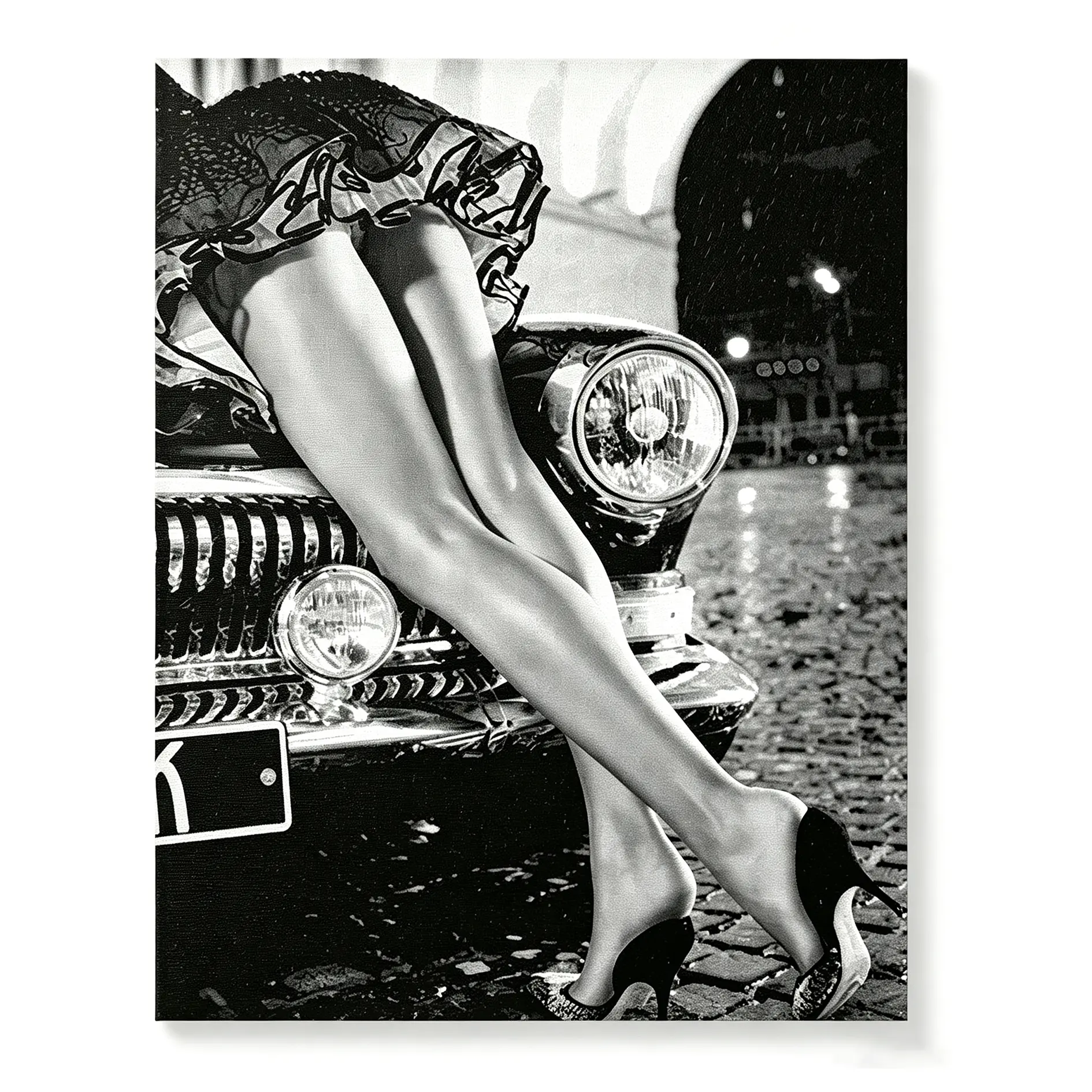 Poster Master Sexy Legs on Classic Car Poster - Woman in High Heels Print - Girly Art - Black and White Illustration - Photography Print - Chic Girl's Bedroom Wall Decor - 8x12 UNFRAMED Wall Decor