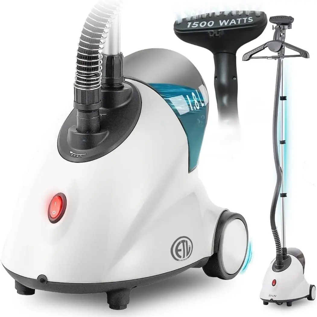 GS18 Full-Size Clothes Steamer - 1500W Power, 1.8L Water Tank, 60-Min Garment Steam, Iron Clothing, Adjustable Pole & Wheels for Easy Storage, Professional Standing Steamer for Clothes, White
