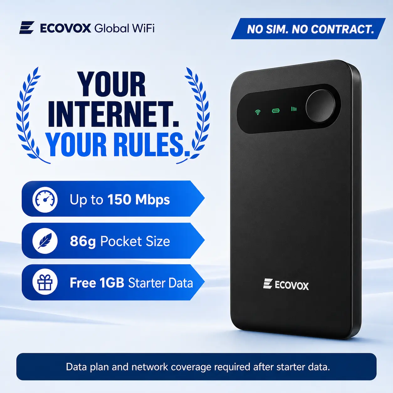 ECOVOX Upgraded Portable WiFi Hotspot (No SIM Card Required) | 4G LTE Multi-Carrier Mobile Hotspot | 150Mbps Speed, FCC Certified, Weighs Only 86g | Includes 1GB Data – Ideal for Dorms or Road Trips | A Back-to-School Essential and Top Choice for Travel
