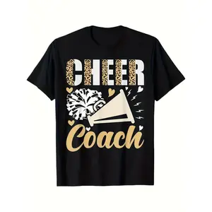 Men'S & Women'S Cheer Coach T-Shirt - 100% Cotton Flared Hem Tee with "Cheer Coach" Print, Black Casual Shirt for Halloween, Thanksgiving, Christmas Gifts for Family, Friends, Sizes S-XXXL, Cheerleading Apparel graphic tee men's t shirts