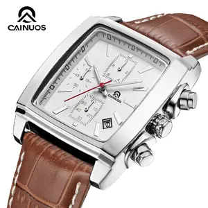 CAINUOS Men's Square Chronograph Watch - Red Leather Strap, Water-Resistant, Stylish Timepiece with Multi-Function Dial