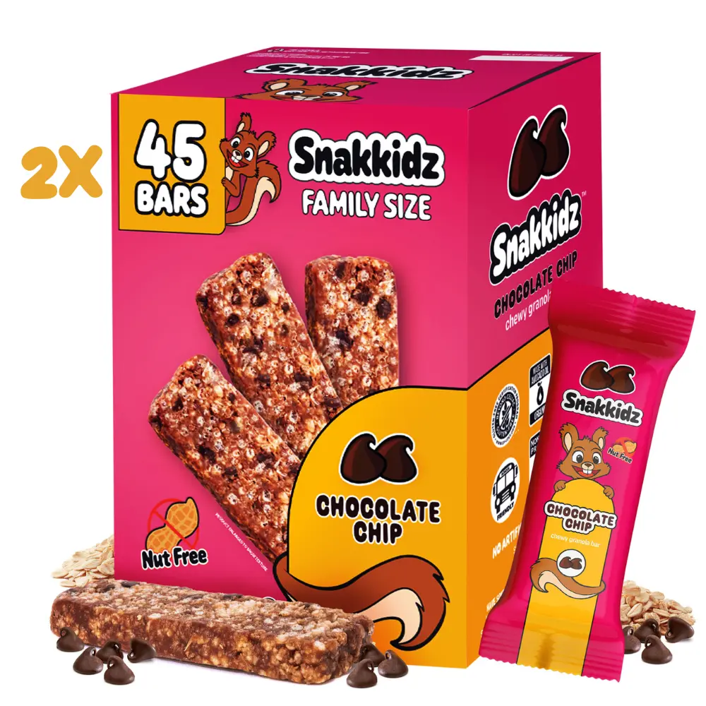 Snakkidz Organic Chewy Granola Bars for Kids, Allergen-Free, Nut-Free, Gluten-Free, Low Sugar Snack Bars Made with Avocado Oil, Individually Wrapped, School Safe Lunch Snacks, Family Bundle for 90 bars, Chocolate Chip