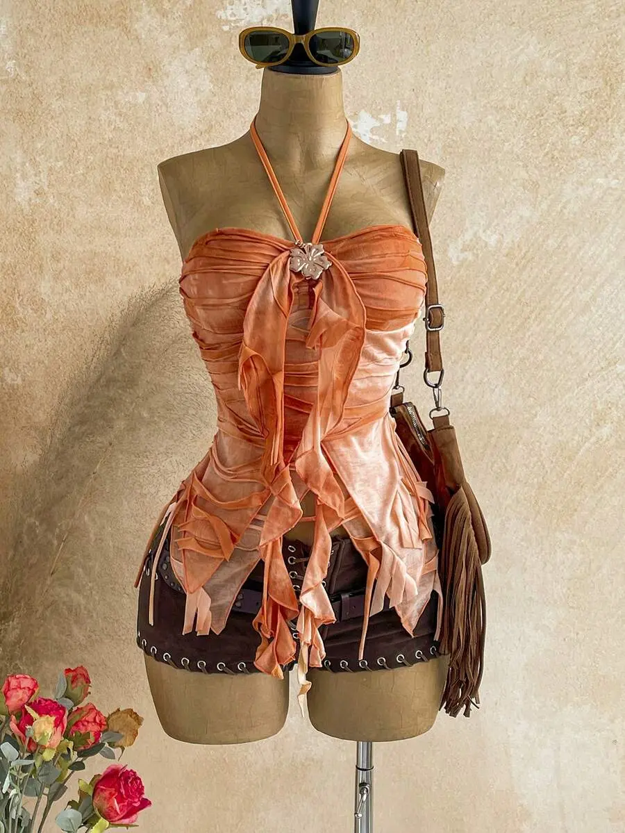 Women's Halter Blouse Tie-Neck Ruffle Trim Asymmetrical Summer Top for Date Night Vacation