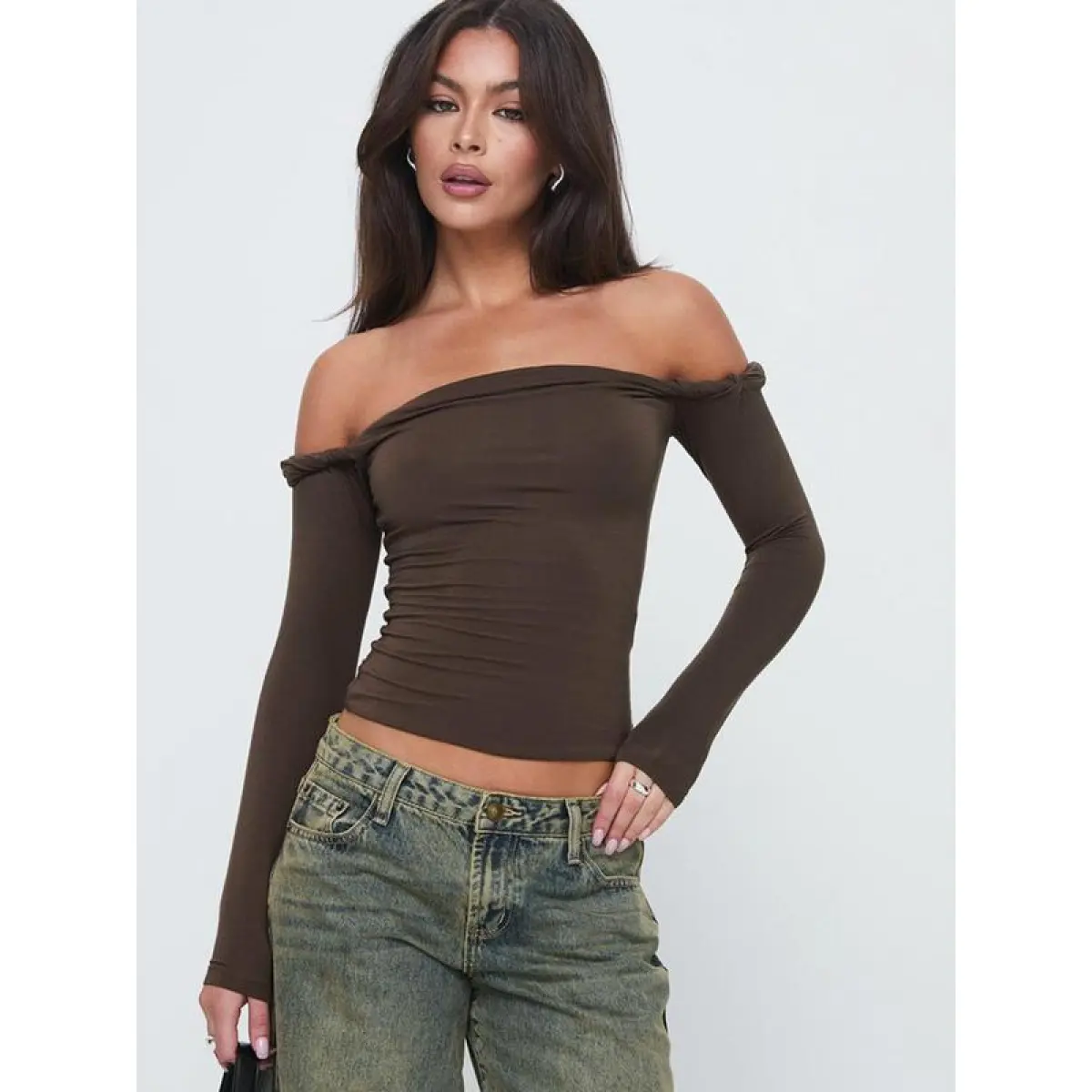 Women's Long Sleeve Off-Shoulder Shirt - Stylish Layering Piece Top Womenswear long sleeve tops casual outfits women cropped tee neuro spicy