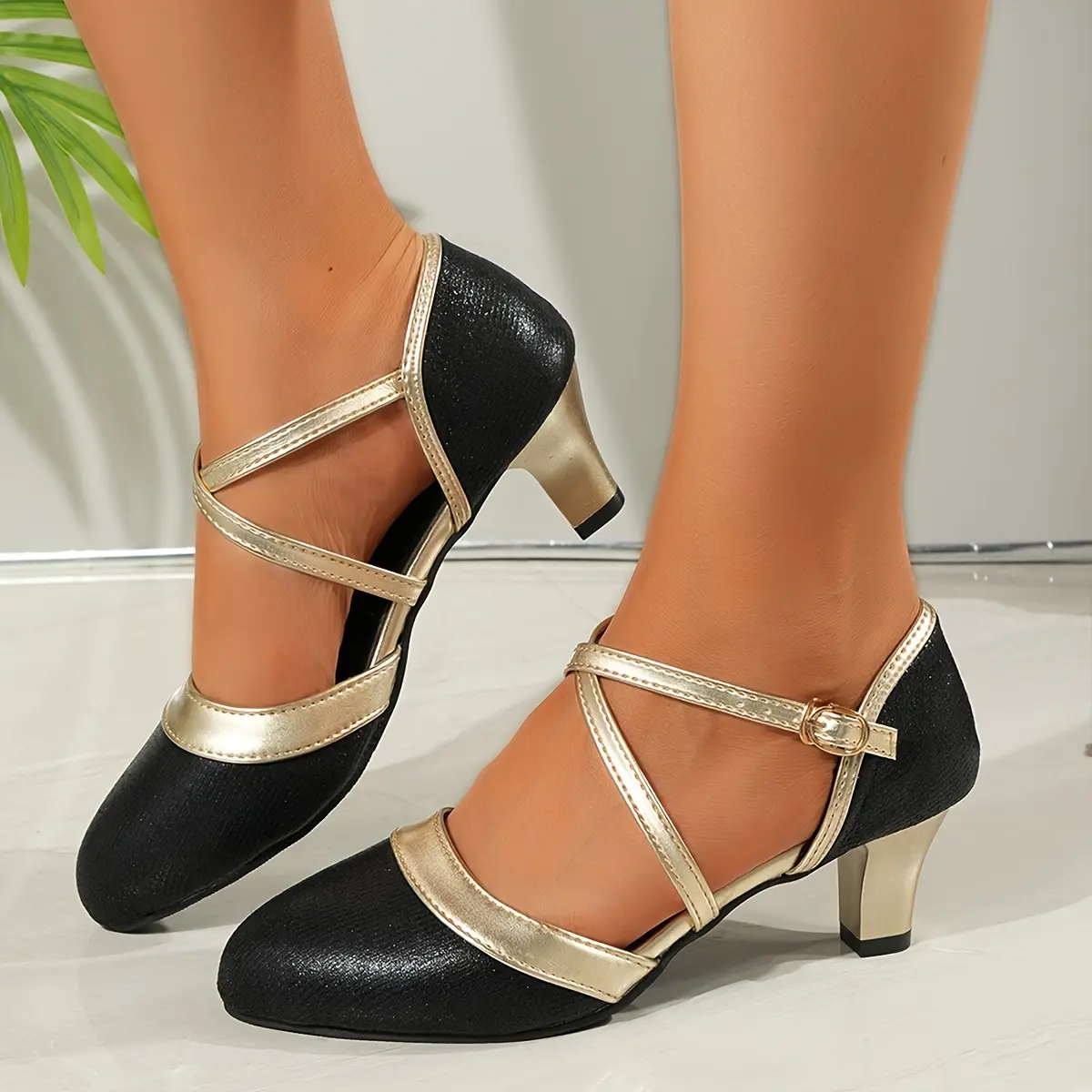 Elegant Golden-Tone Women'S High Heels with Ankle Strap - Latin Dance & Outdoor Square Dance Shoes, Mid-Heel, Closed Toe, Mesh Upper, Synthetic Inner, Faux Sole, Hand Washable, Dance Shoes |       Opulent Heels |       Strap Detailing, Dance Shoes