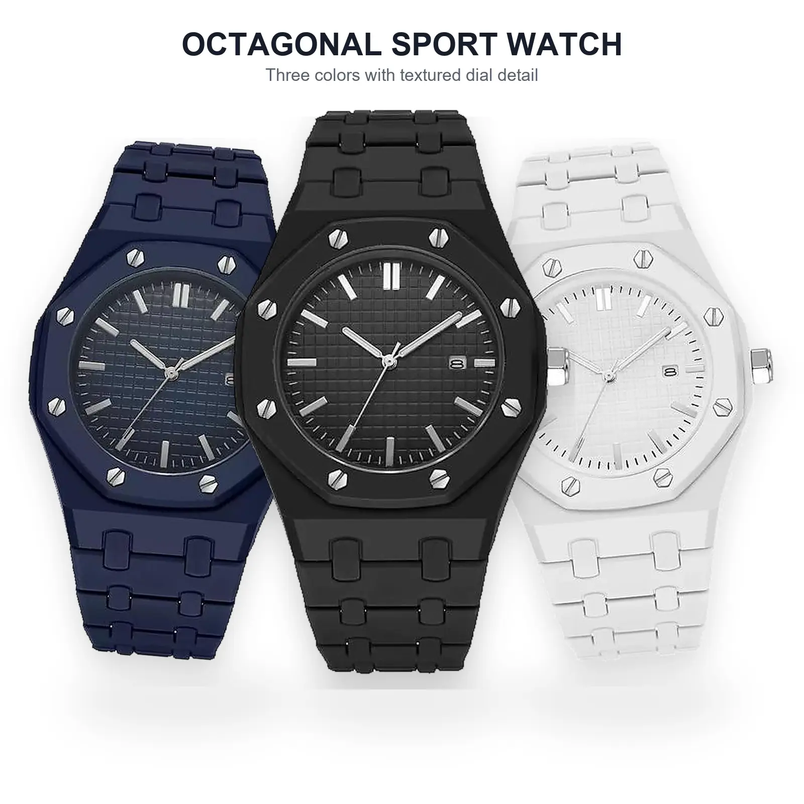 Octagonal Men's Wrist Watch with Textured Dial, Analog Sport Dress Style, Linked Bracelet Look, Navy Black and White Options