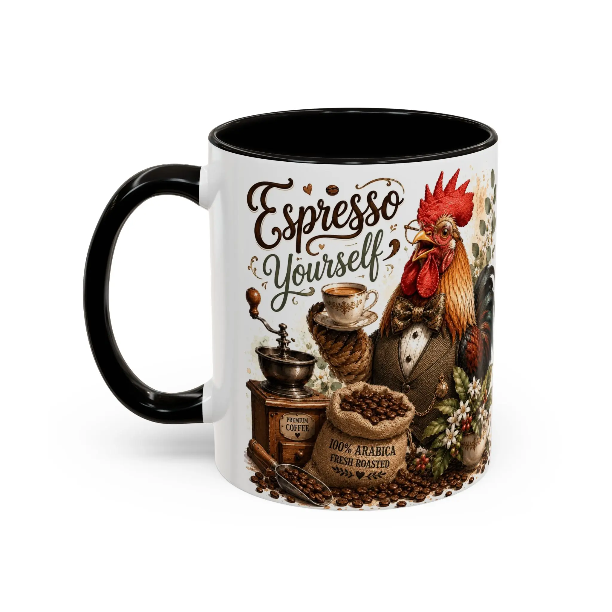 Animal Theme Cylindrical Ceramic Coffee Mug - AI-Generated Rooster Design, Glossy Sturdy Build, Rustic Look, 11oz/15oz Kitchen Drinkware