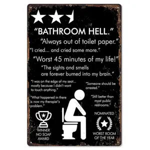 Bathroom Hell Funny Review 8x12 Inch Aluminum Metal Sign - Humorous Wall Decor for Bathroom, Restroom, Dorm - Retro Tin Sign Gift for Sarcasm Lovers & Bathroom Humor Fans