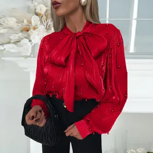 ChicMe Women's Tie Neck Beaded Long Sleeve Tied Detail Blouses Casual Shirts