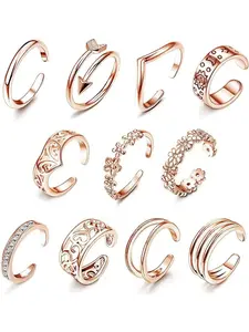 11 Pcs Adjustable Toe Rings for Women 14K Gold Plated Simple Open Arrow Flower Heart Foot Jewelry Toe Rings Set Stacking Ring Set Dainty Stacking Rings