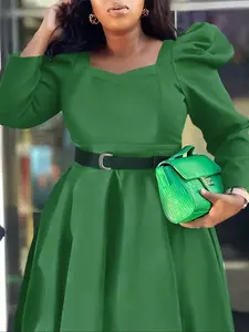 Elegant Women's Party Swing Dress, Fitted, Square Neck Long Sleeve Puff Sleeve, Flounce Sleeves, Elegant Design, Perfect for Parties & Events