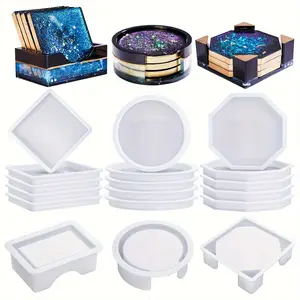 1 Set Coaster Resin Molds Silicone, Coaster Molds with Round Square Octagon Shape Holder Molds, Coaster Silicone Molds for Epoxy Resin, DIY Art Craft Cup Mats