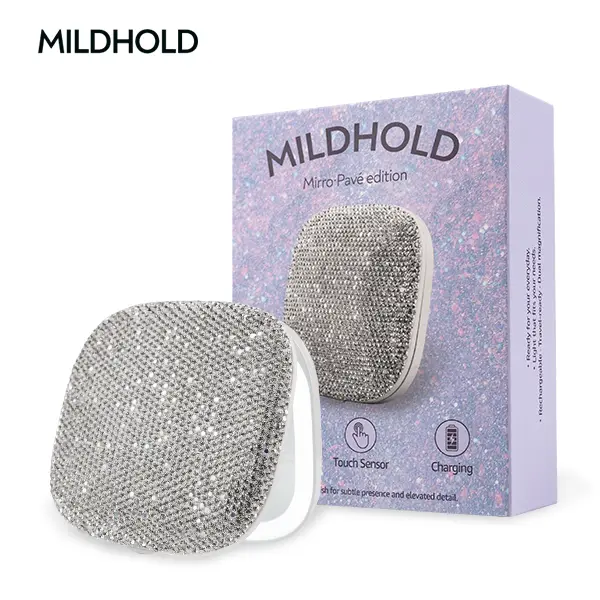 MILDHOLD Rhinestone Compact LED Makeup Mirror - Portable Foldable Pocket Hand Mirror with 3 Light Modes, 1X/3X Magnification, Rechargeable for Daily Makeup, Trips, Gifting to Women