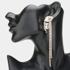 Double Clear Rectangle Stones with Long Rhinestone Fringe on Gold | Pageant Earrings | Prom Earrings |  631142