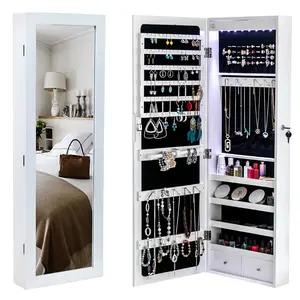 Mirror Jewelry Organizer, Jewelry Mirror Armoire Cabinet, Jewelry Organizer with Full Length Mirror,Lockable Makeup Organizer Storage,White 4-Layer Shelf, 2 Drawers, 8 Blue LED Lights