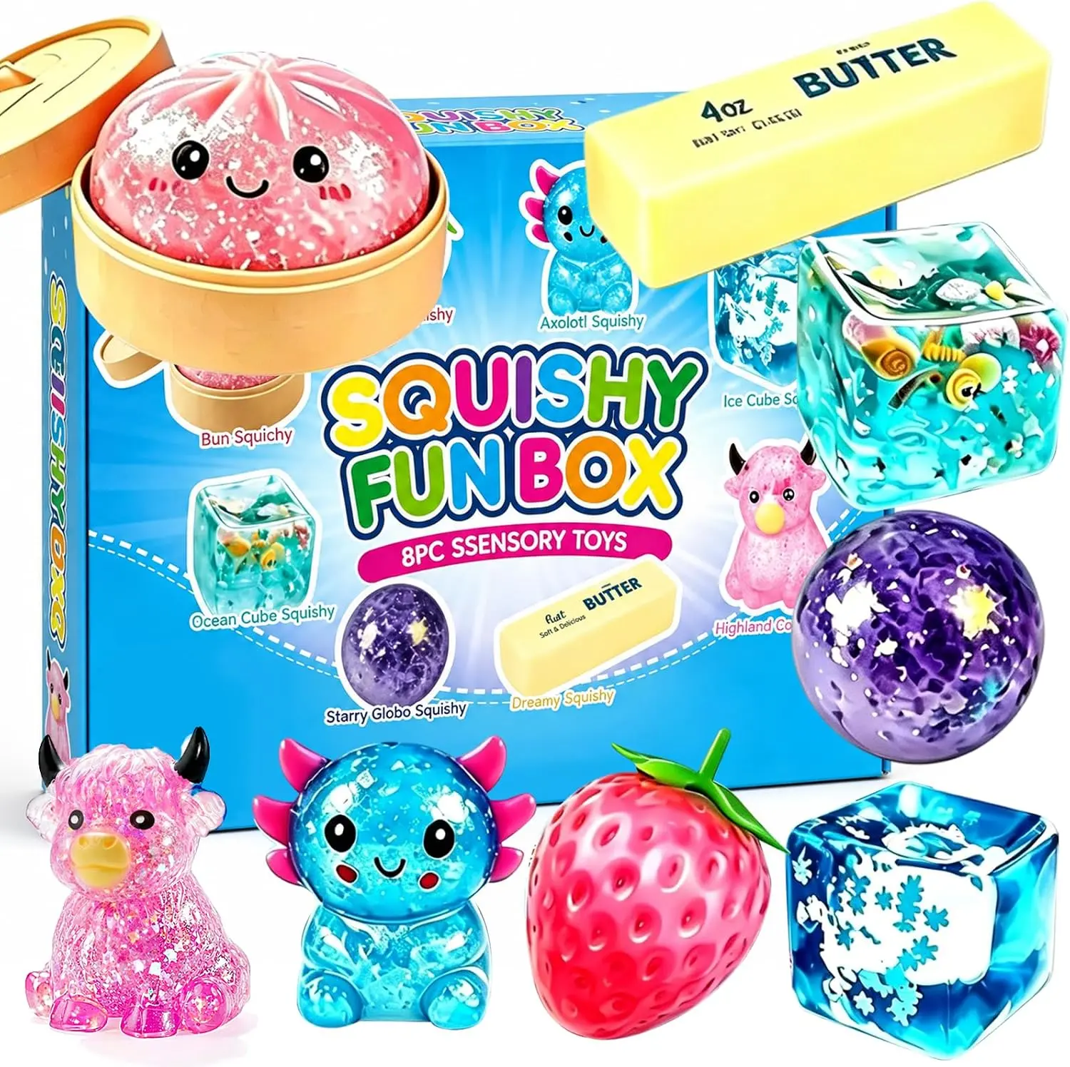 Slow Rebound Malt Sugar Squish Surprise Box 8 Count, Random Assorted Cute Styles Sensory Toy for Friends Coworker Gifts