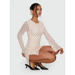 Nyxia Long Sleeve Mini Dress Cream / Red Polka
