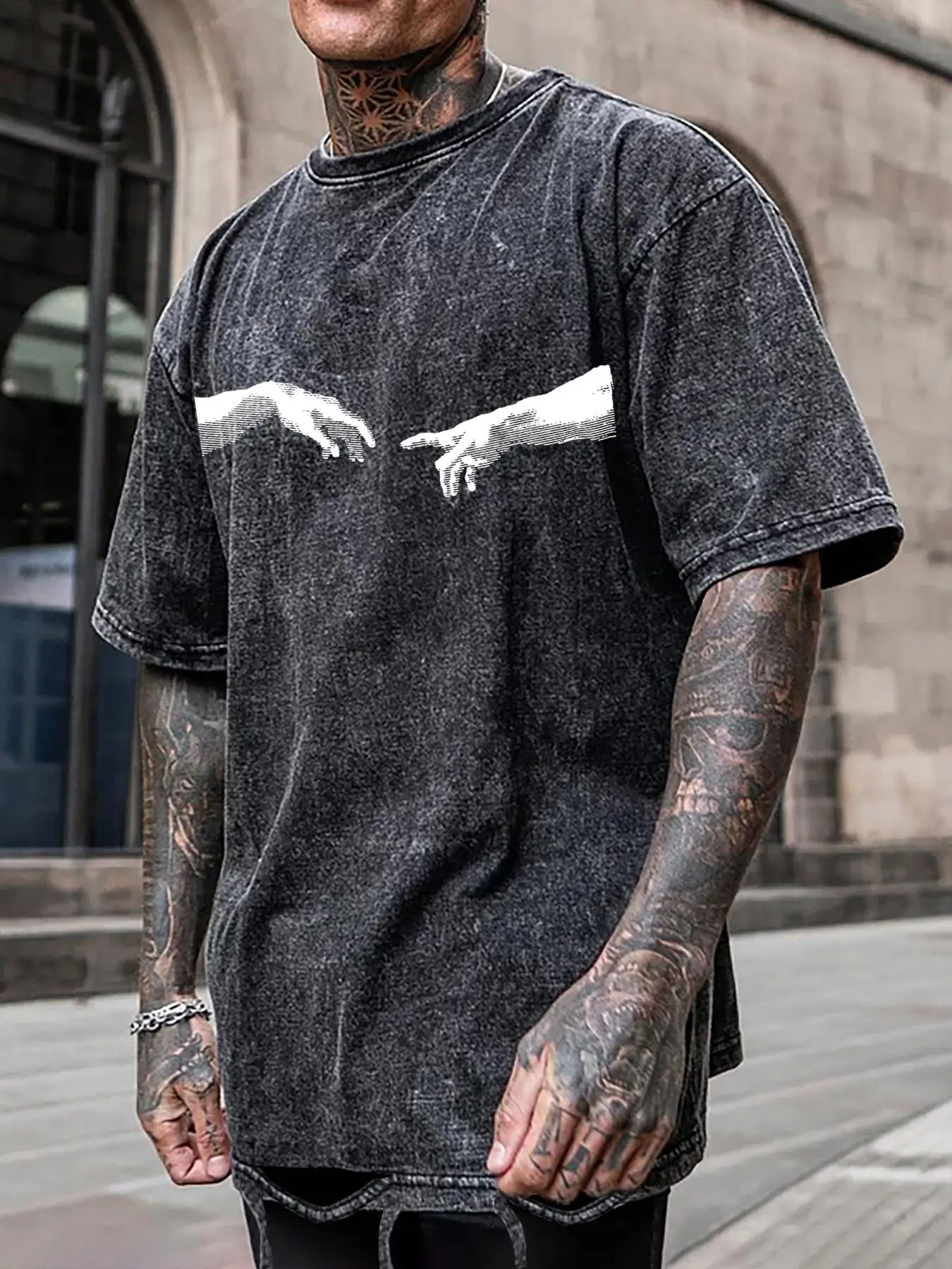 Men's Letter/Finger Of God Print Washed Distressed Ripped Hem Tee, Casual Graphic Tee, Loose Baggy Streetwear Casual Comfy Short Sleeve Crew Neck T-shirt for Daily Wear, Menswear for All Seasons