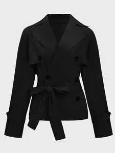 Trendy Solid Color Notch Lapel Double Breasted Long Sleeve Trench Coat
