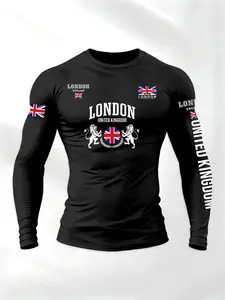 Men's Fitted Round Neck Sport Long Sleeve T-Shirt, Athletic Sports Clothing, British Letter Flag Design, Moisture Wicking Soft Elastic Fabric, Active Lifestyle, Athletic Apparel