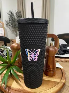 Matte Black Butterfly Tumbler with Lid and Straw - 24oz Starbucks Studded Cup for Women and Butterfly Lovers - Flasks, Drinkware