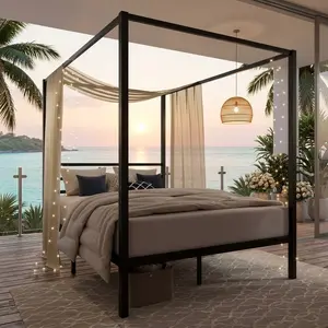 Black Four-Poster Metal Canopy Bed Frame, Full & Queen Size Platform Bed with Sturdy Metal Slats, 12.4in Underbed Storage, Noise-Free, No Box Spring Needed, Easy Assembly for Bedroom Decor